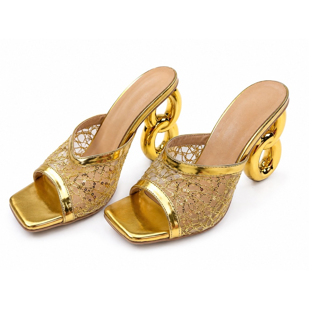 Vintage Y2K Gold Sequin Mesh Statement Mule Heels Women's Size 8-8.5